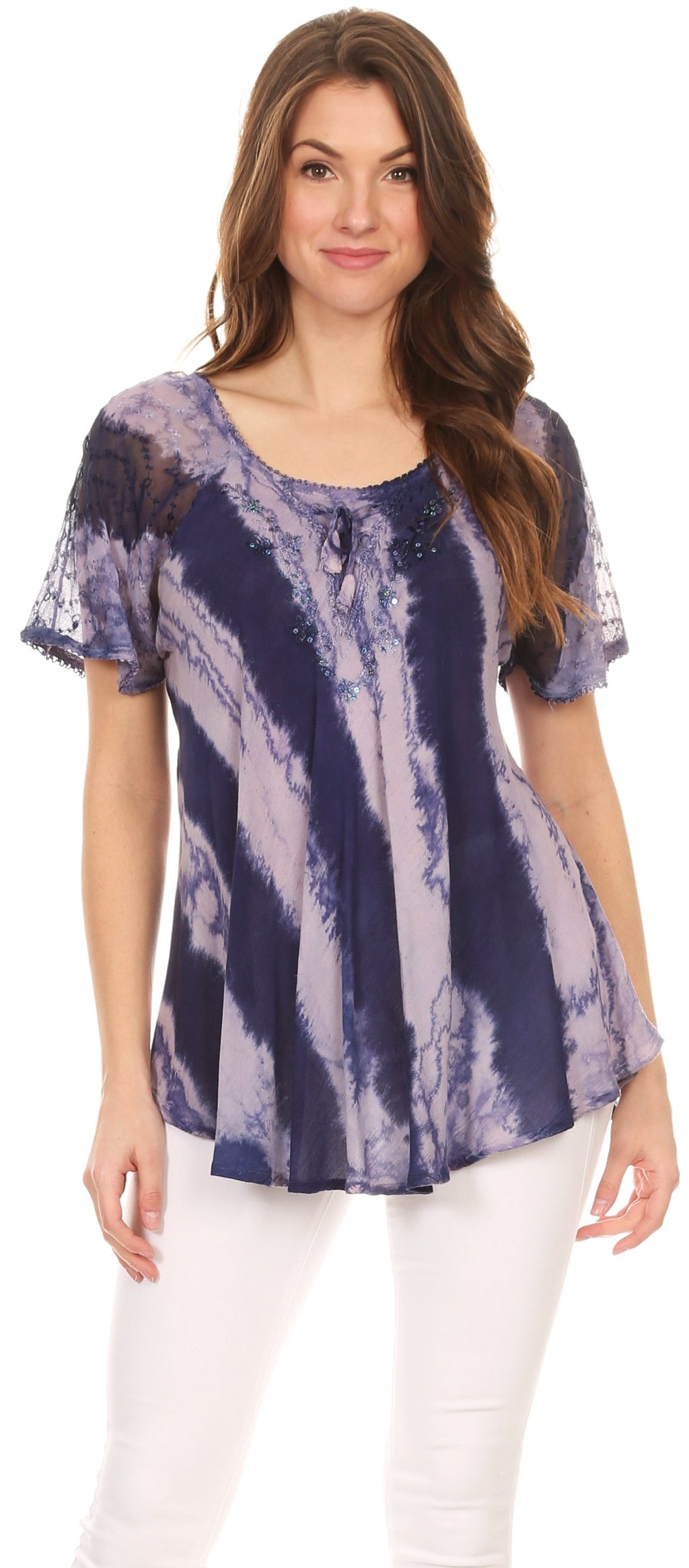 Sakkas Valencia Tie Dye Sheer Cap Sleeve Embellished Drawstring Scoop