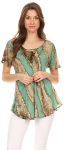 Sakkas Valencia Tie Dye Sheer Cap Sleeve Embellished Drawstring Scoop Neck Top