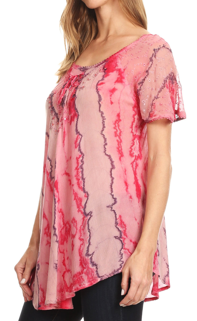 Sakkas Valencia Tie Dye Sheer Cap Sleeve Embellished Drawstring Scoop Neck Top