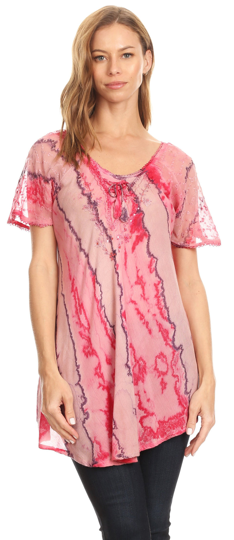 Sakkas Valencia Tie Dye Sheer Cap Sleeve Embellished Drawstring Scoop Neck Top