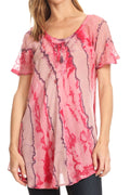 Sakkas Valencia Tie Dye Sheer Cap Sleeve Embellished Drawstring Scoop Neck Top#color_5-Pink