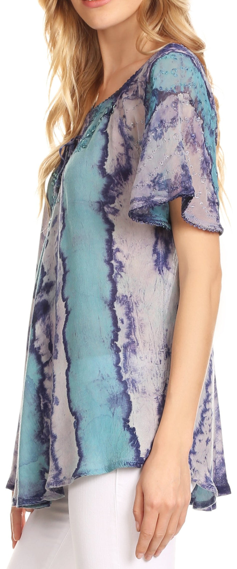 Sakkas Valencia Tie Dye Sheer Cap Sleeve Embellished Drawstring Scoop Neck Top