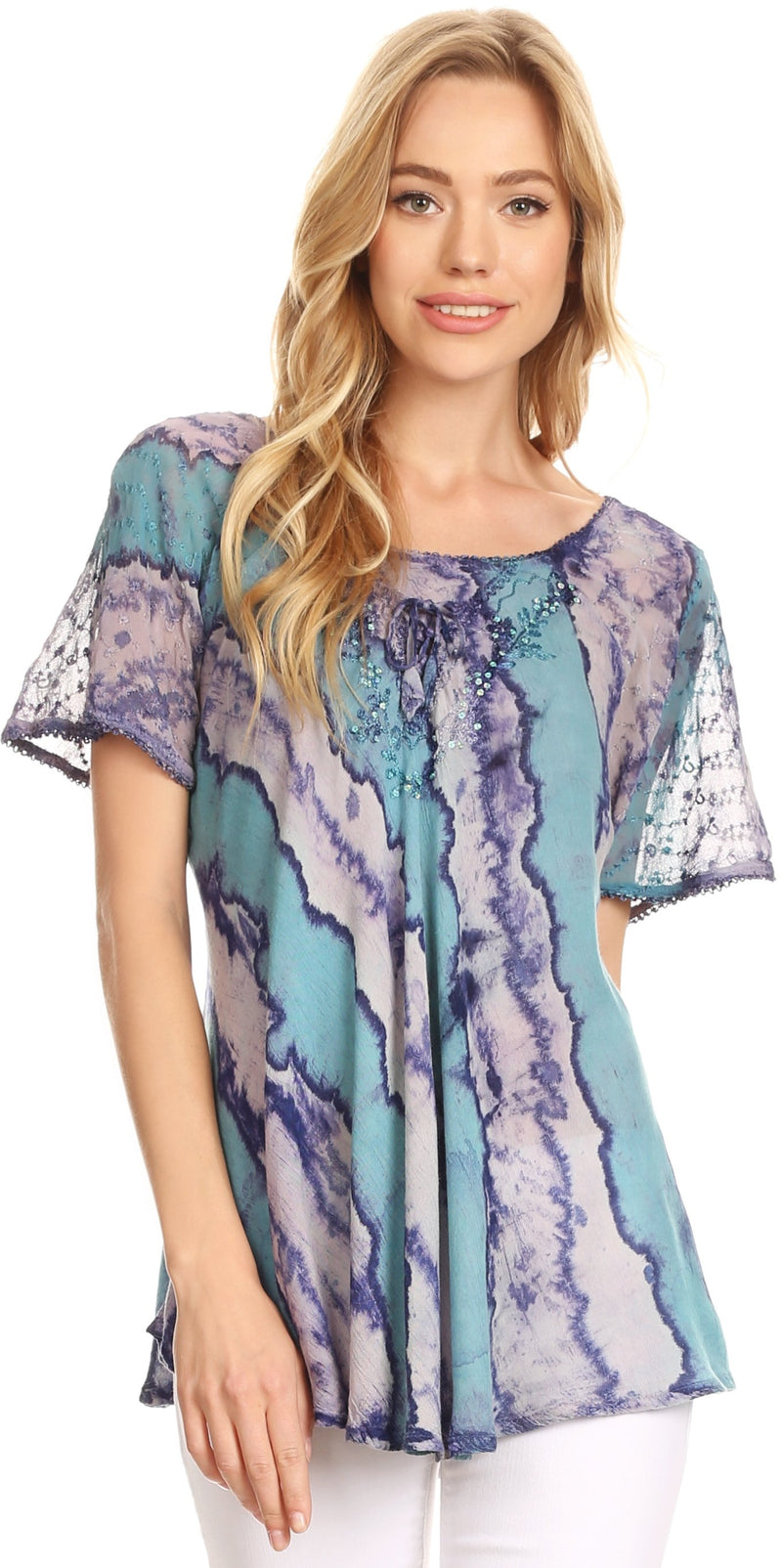 Sakkas Valencia Tie Dye Sheer Cap Sleeve Embellished Drawstring Scoop