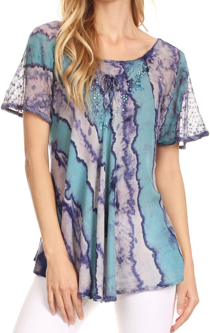 Sakkas Valencia Tie Dye Sheer Cap Sleeve Embellished Drawstring Scoop Neck Top