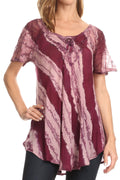 Sakkas Valencia Tie Dye Sheer Cap Sleeve Embellished Drawstring Scoop Neck Top#color_7-Wine