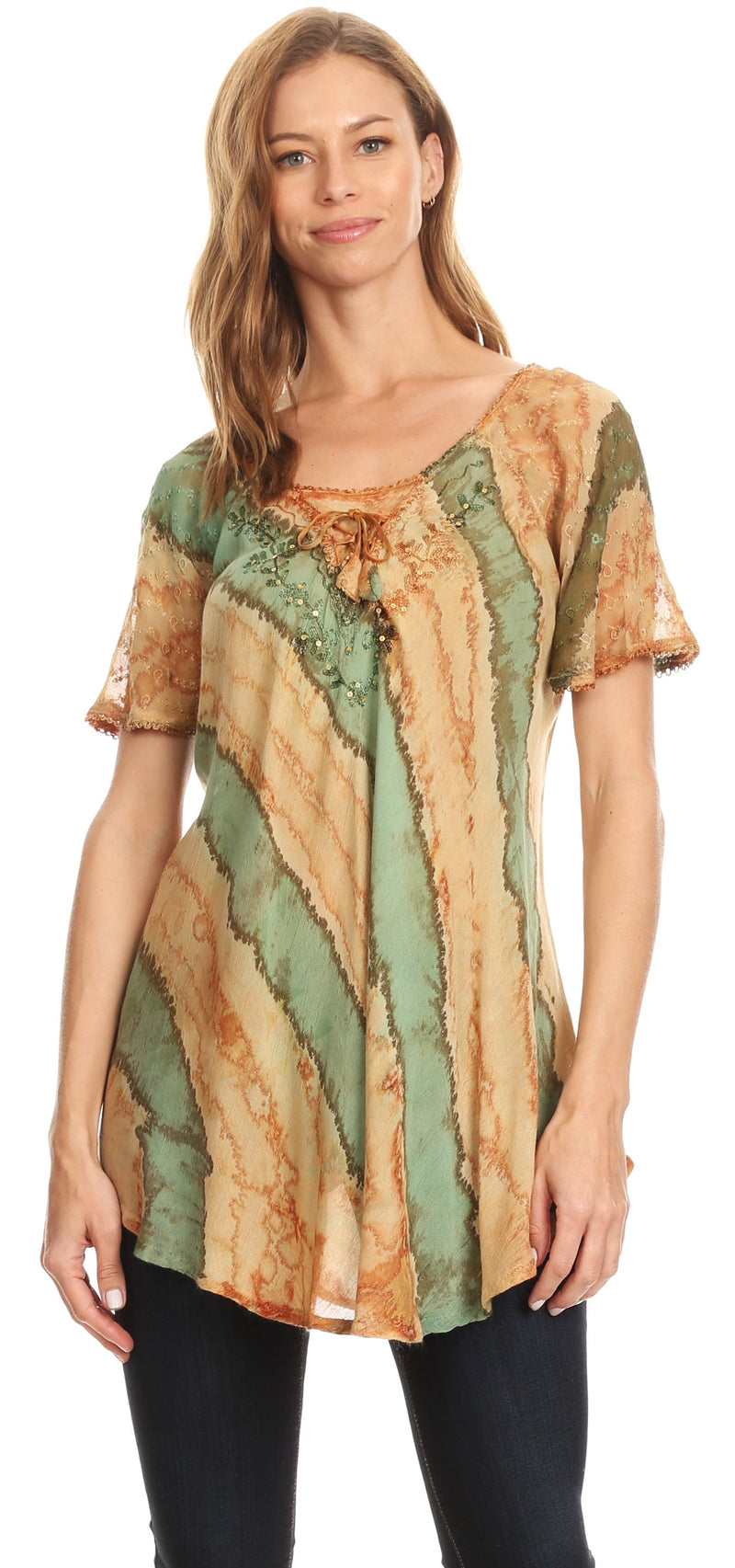 Sakkas Valencia Tie Dye Sheer Cap Sleeve Embellished Drawstring Scoop Neck Top