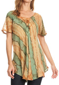 Sakkas Valencia Tie Dye Sheer Cap Sleeve Embellished Drawstring Scoop Neck Top#color_8-Brown