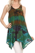Sakkas Nalu Sleeveless Relaxed Fit Multi Color Tie Dye V-Neck Blouse | Cover Up#color_Brown