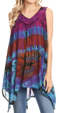 Sakkas Nalu Sleeveless Relaxed Fit Multi Color Tie Dye V-Neck Blouse | Cover Up#color_Purple/Turquoise