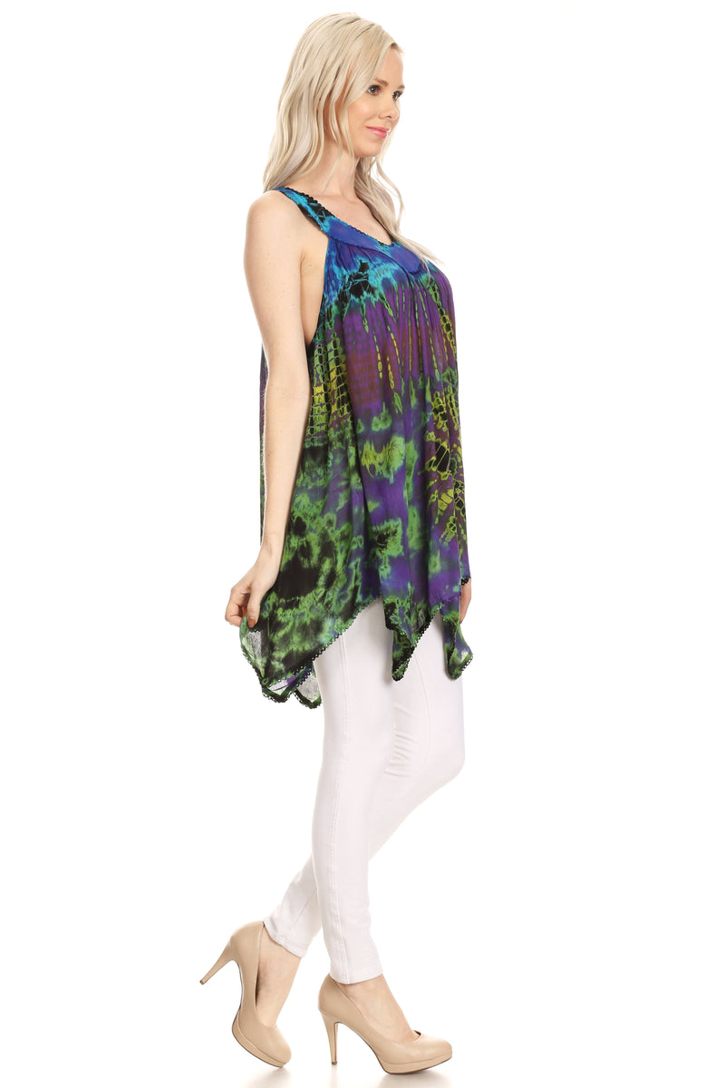 Sakkas Nalu Sleeveless Relaxed Fit Multi Color Tie Dye V-Neck Blouse | Cover Up