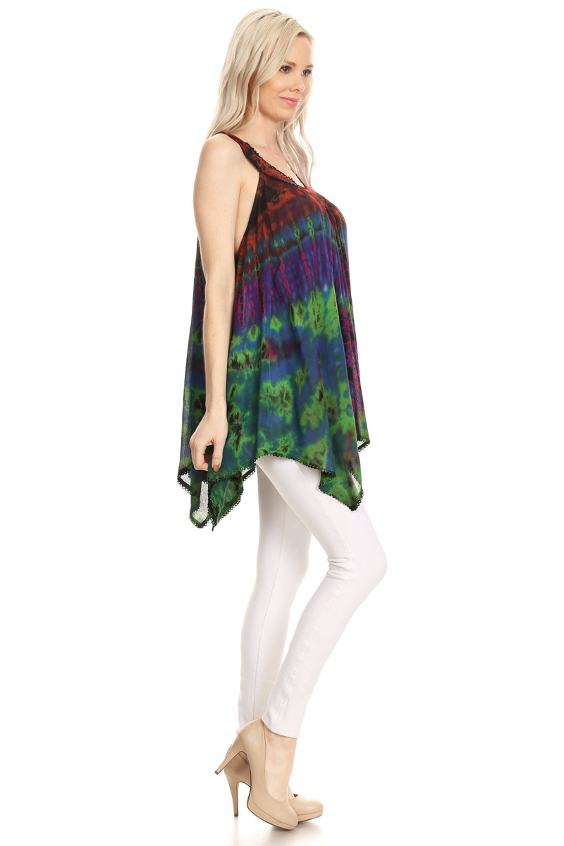 Sakkas Nalu Sleeveless Relaxed Fit Multi Color Tie Dye V-Neck Blouse | Cover Up