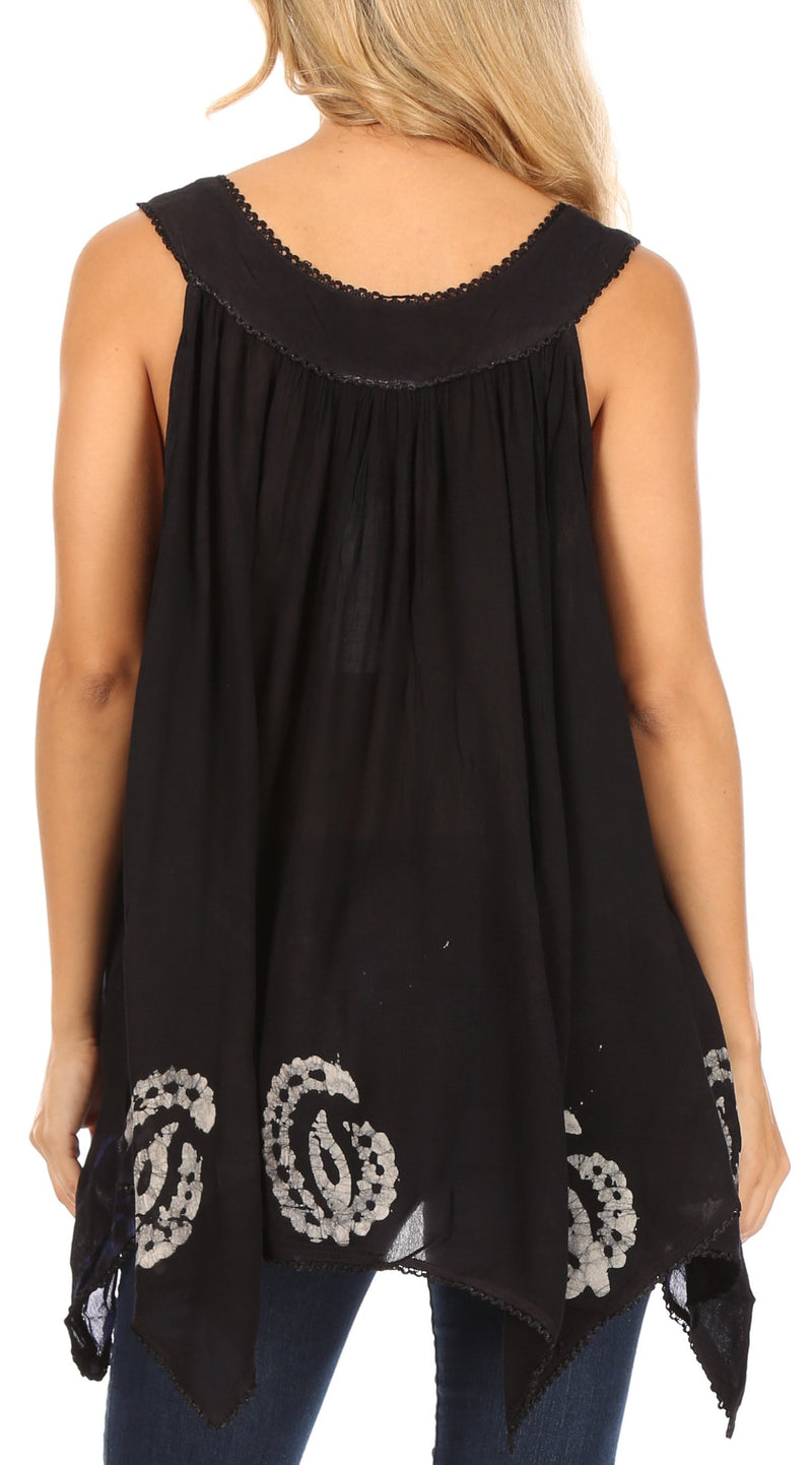 Sakkas Gaia V-neck Sleeveless Tank Top with Embroidery and Handkerchief Hem