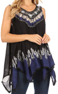 Sakkas Gaia V-neck Sleeveless Tank Top with Embroidery and Handkerchief Hem#color_Black Blue 