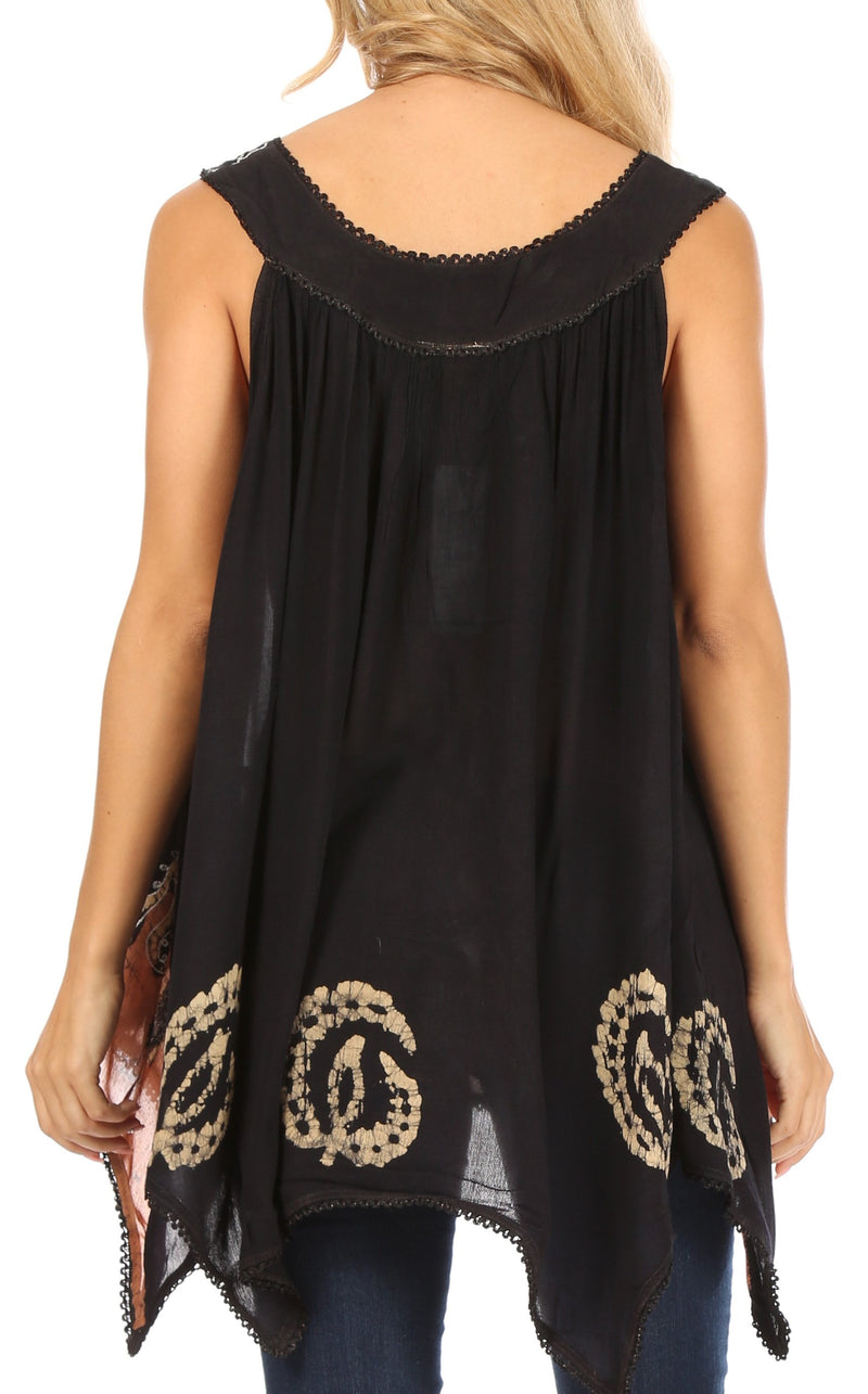 Sakkas Gaia V-neck Sleeveless Tank Top with Embroidery and Handkerchief Hem