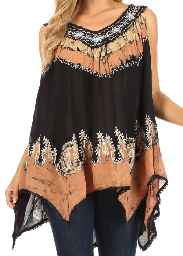 Sakkas Gaia V-neck Sleeveless Tank Top with Embroidery and Handkerchief Hem#color_Beige/Black