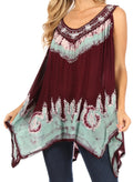 Sakkas Gaia V-neck Sleeveless Tank Top with Embroidery and Handkerchief Hem#color_Burgundy