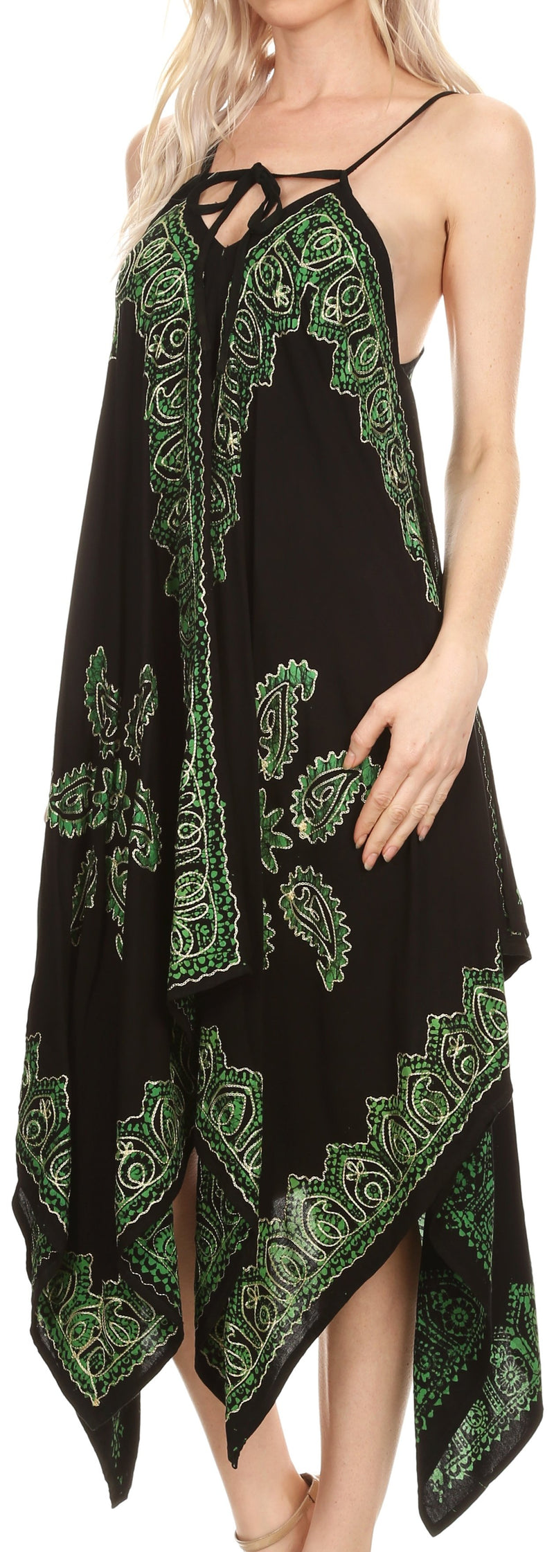Sakkas Arminat Batik Print Adjustable Strap Embroidered Handkerchief Hem Dress