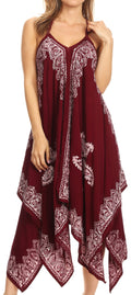 Sakkas Arminat Batik Print Adjustable Strap Embroidered Handkerchief Hem Dress#color_Burgundy/White