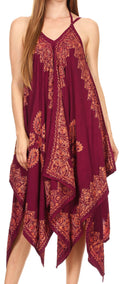 Sakkas Arminat Batik Print Adjustable Strap Embroidered Handkerchief Hem Dress#color_Chocolate/Gold