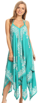 Sakkas Arminat Batik Print Adjustable Strap Embroidered Handkerchief Hem Dress