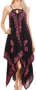 Sakkas Arminat Batik Print Adjustable Strap Embroidered Handkerchief Hem Dress#color_Navy/Pink
