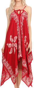 Sakkas Arminat Batik Print Adjustable Strap Embroidered Handkerchief Hem Dress#color_Red/White