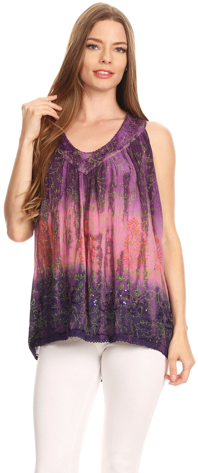 Sakkas Freya Dip Dyed Tie Dye Tank with Sequins and Embroidery