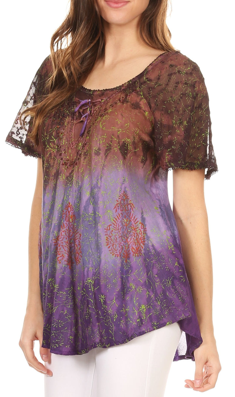 Sakkas Nayen Tie-Dye Sheer Cap Sleeve Embellished Relaxed Fit Drawstring Tunic Top