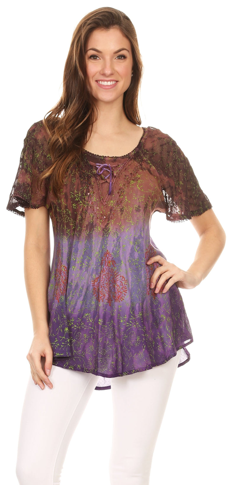 Sakkas Nayen Tie-Dye Sheer Cap Sleeve Embellished Relaxed Fit Drawstring Tunic Top