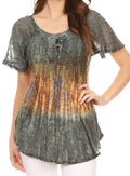 Sakkas Nayen Tie-Dye Sheer Cap Sleeve Embellished Relaxed Fit Drawstring Tunic Top#color_Grey