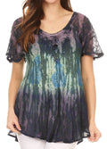 Sakkas Nayen Tie-Dye Sheer Cap Sleeve Embellished Relaxed Fit Drawstring Tunic Top#color_Navy