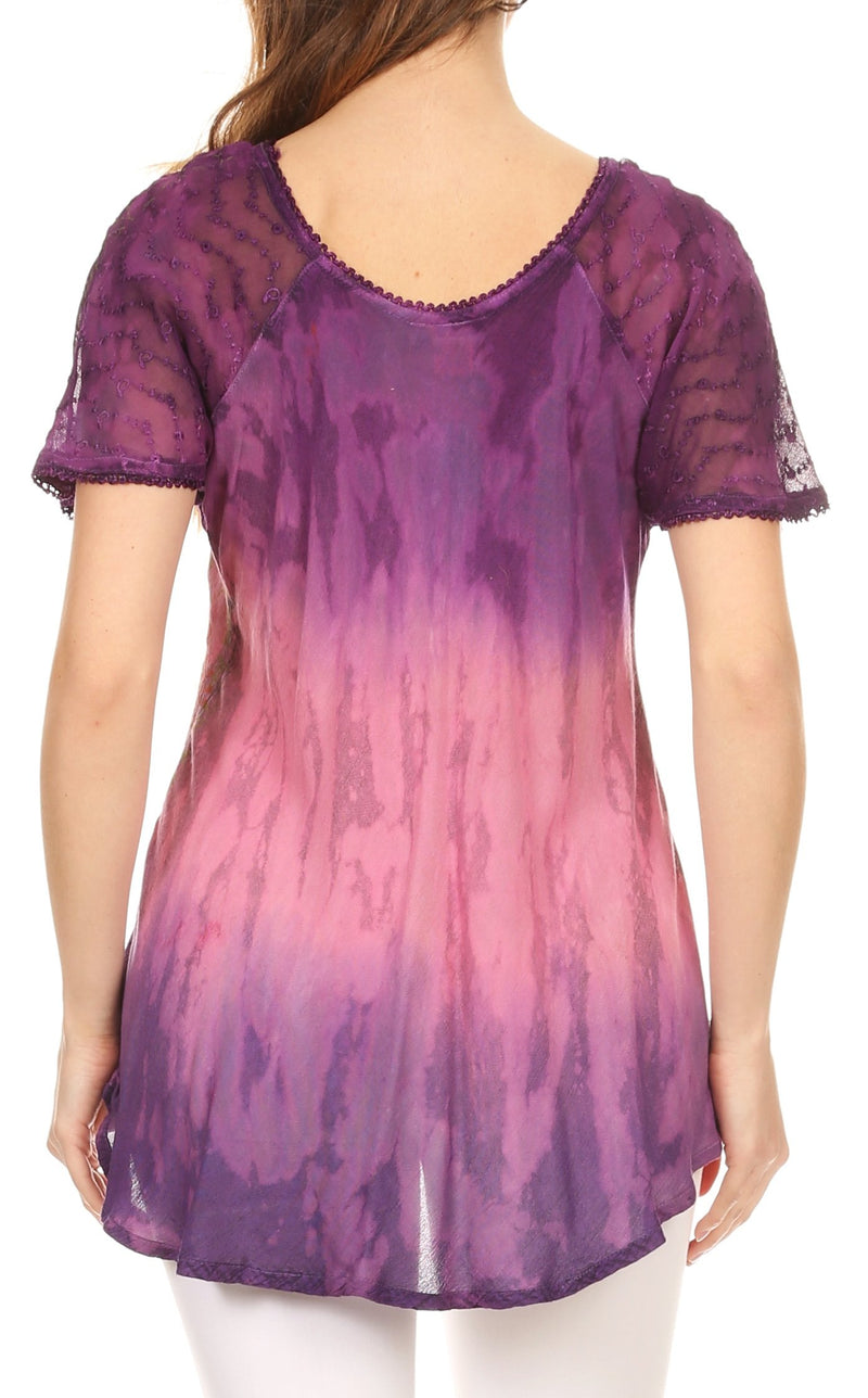 Sakkas Nayen Tie-Dye Sheer Cap Sleeve Embellished Relaxed Fit Drawstring Tunic Top