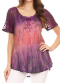 Sakkas Nayen Tie-Dye Sheer Cap Sleeve Embellished Relaxed Fit Drawstring Tunic Top#color_Pink