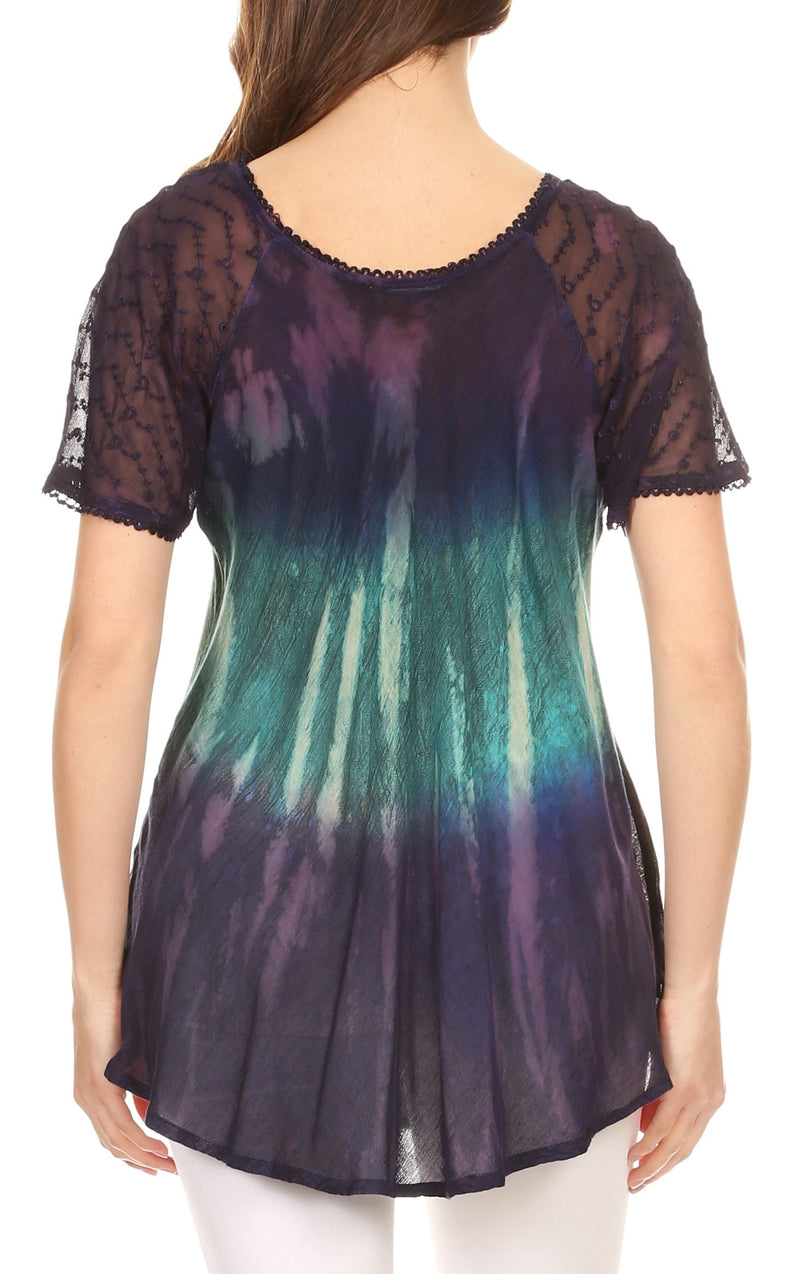 Sakkas Nayen Tie-Dye Sheer Cap Sleeve Embellished Relaxed Fit Drawstring Tunic Top