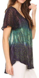 Sakkas Nayen Tie-Dye Sheer Cap Sleeve Embellished Relaxed Fit Drawstring Tunic Top