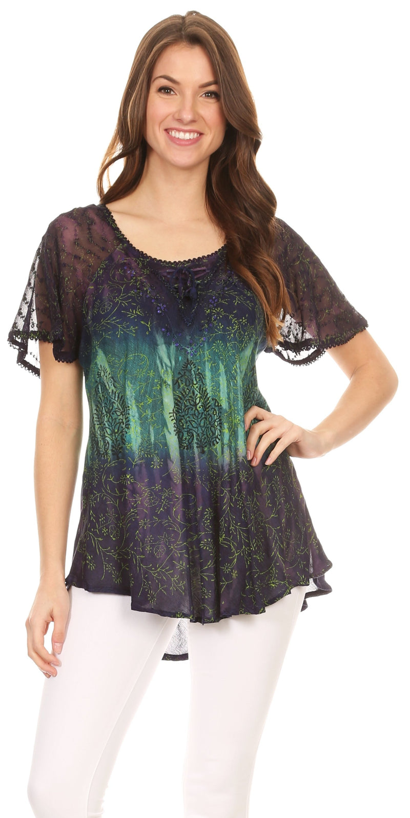 Sakkas Nayen Tie-Dye Sheer Cap Sleeve Embellished Relaxed Fit Drawstring Tunic Top