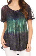 Sakkas Nayen Tie-Dye Sheer Cap Sleeve Embellished Relaxed Fit Drawstring Tunic Top#color_Purple