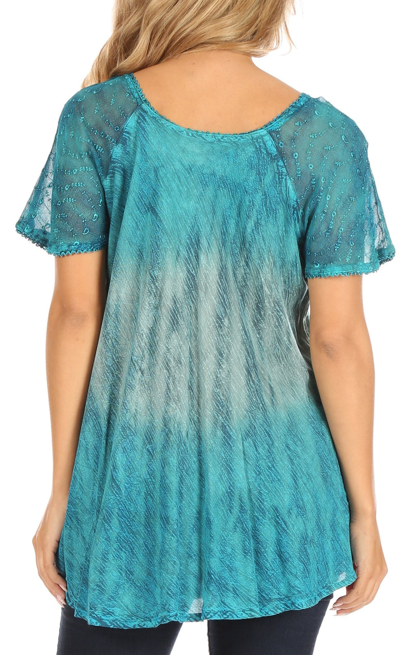 Sakkas Nayen Tie-Dye Sheer Cap Sleeve Embellished Relaxed Fit Drawstring Tunic Top