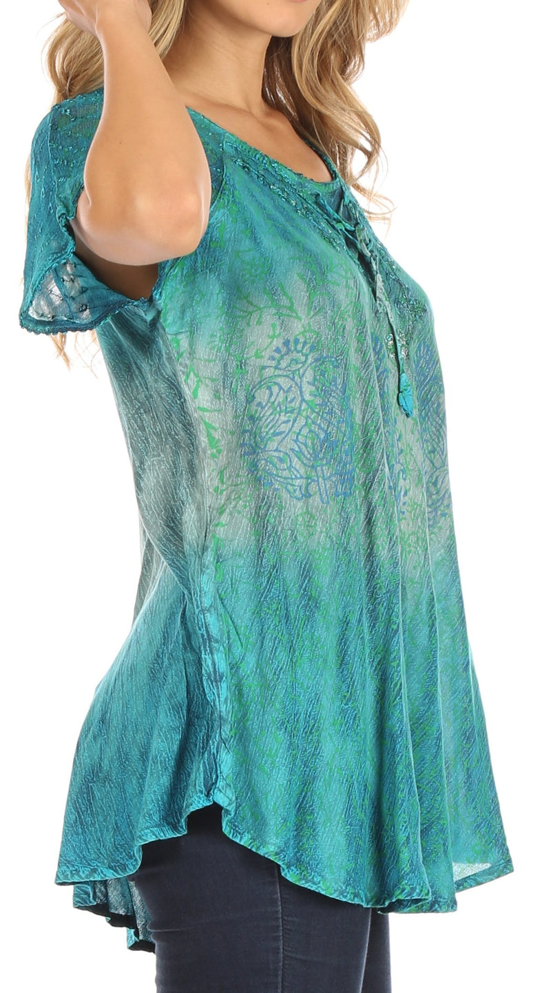 Sakkas Nayen Tie-Dye Sheer Cap Sleeve Embellished Relaxed Fit Drawstring Tunic Top