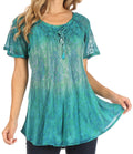 Sakkas Nayen Tie-Dye Sheer Cap Sleeve Embellished Relaxed Fit Drawstring Tunic Top#color_Teal