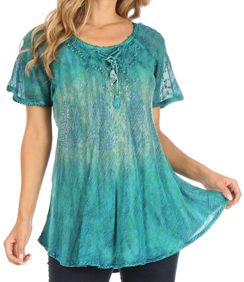 Sakkas Nayen Tie-Dye Sheer Cap Sleeve Embellished Relaxed Fit Drawstring Tunic Top