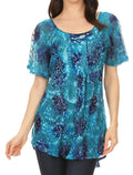Sakkas Lena Tie-dye Short Sleeve Blouse Top with Crochet Lace and Embroidery#color_Turquoise