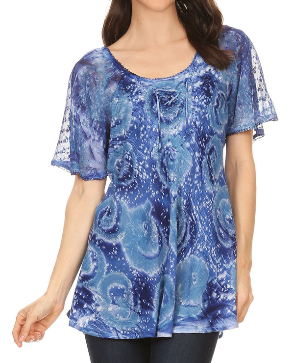 Sakkas Lena Tie-dye Short Sleeve Blouse Top with Crochet Lace and Embroidery#color_Blue