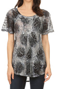 Sakkas Lena Tie-dye Short Sleeve Blouse Top with Crochet Lace and Embroidery#color_Gray 