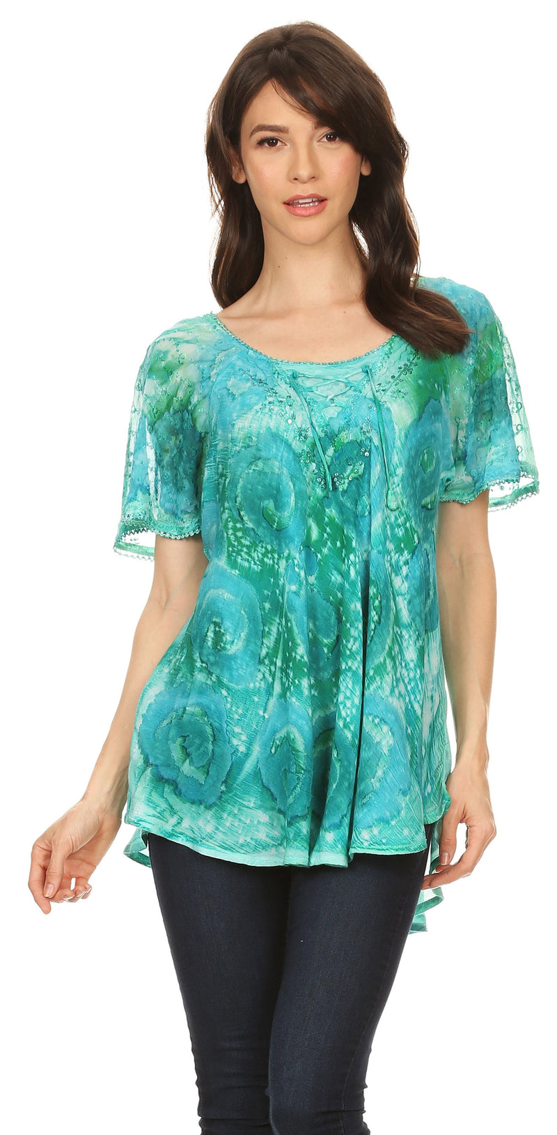 Sakkas Lena Tie-dye Short Sleeve Blouse Top with Crochet Lace and Embroidery