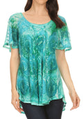 Sakkas Lena Tie-dye Short Sleeve Blouse Top with Crochet Lace and Embroidery#color_Green 