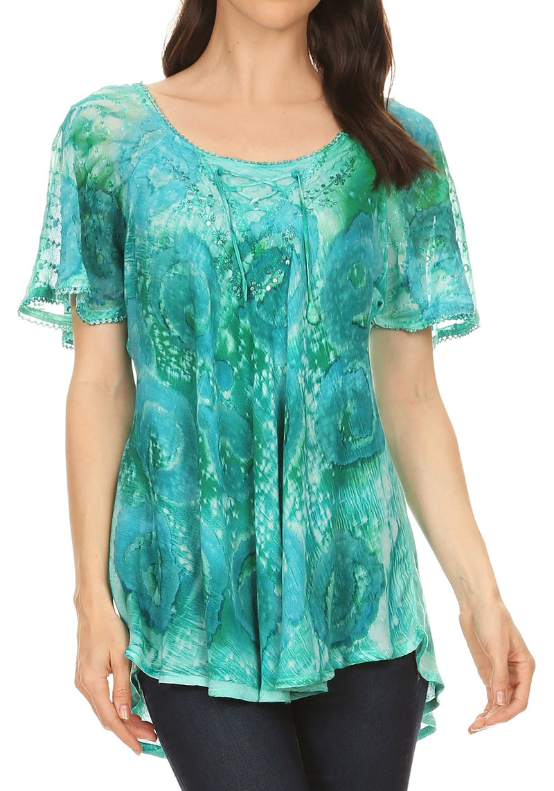 Sakkas Lena Tie-dye Short Sleeve Blouse Top with Crochet Lace and Embroidery