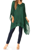 Sakkas Regina Women's Lightweight Stonewashed Poncho Top Blouse Caftan Cover up#color_A-ForestGreen