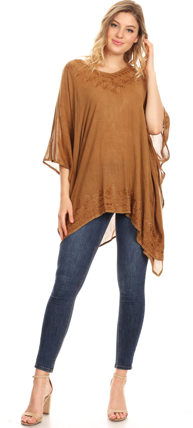 Sakkas Regina Women's Lightweight Stonewashed Poncho Top Blouse Caftan Cover up