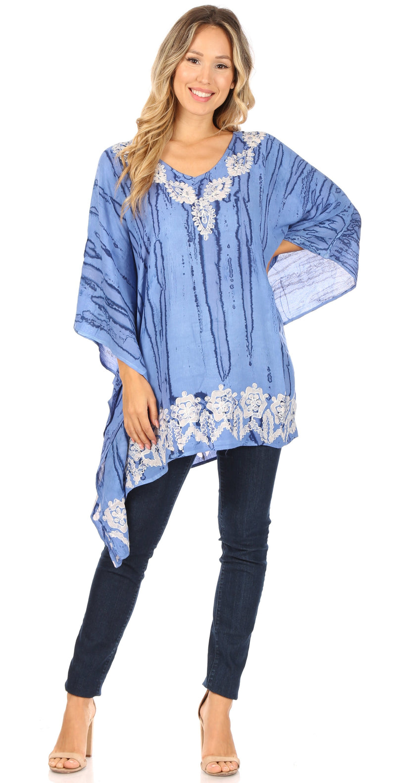 Sakkas Alizia Lightweight Embroidery Batik Top Tunic Blouse Caftan Cover up Poncho